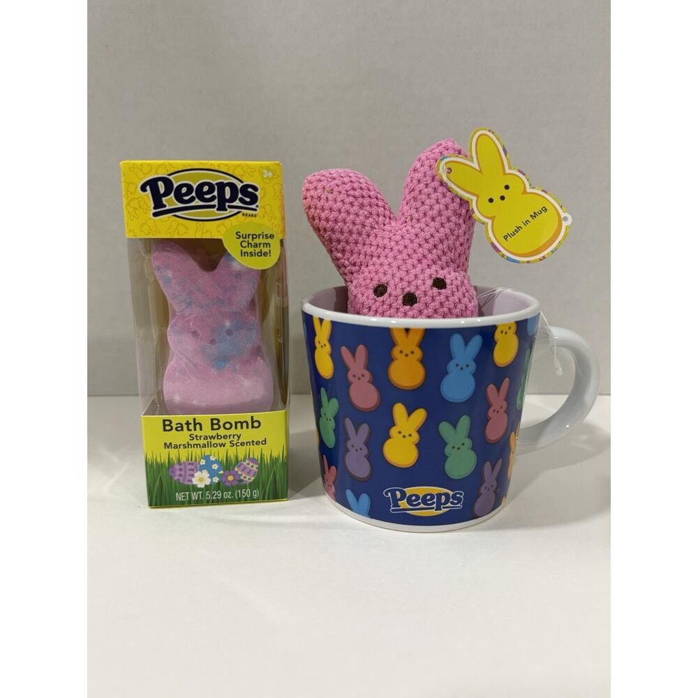 Peeps Gift Set Pink Plush Bunny In A Mug + Strawberry Marshmallow Bath Bomb NIB